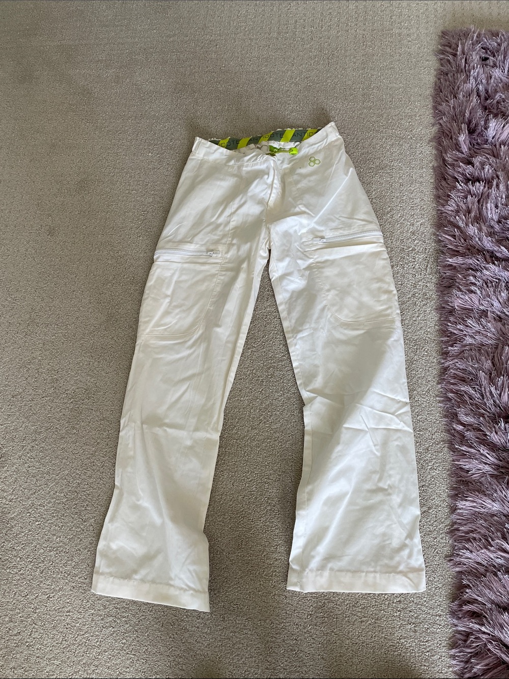 White Wide-Leg Cargo Pants with Lime Waistband Detail